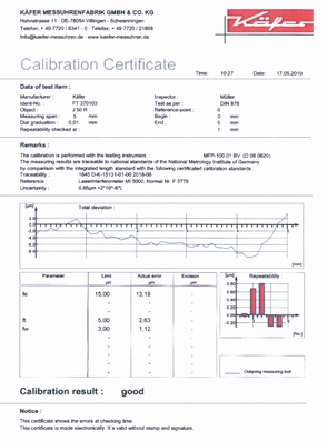 Certificat de calibrage KAEFER 0.1/0.01, 10 mm