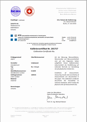 Certificat SCS de premier calibrage pour étalon de rugosité