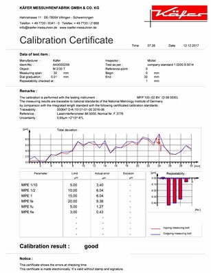 Certificat d'usine comparateur, 0.01 mm, 80 mm