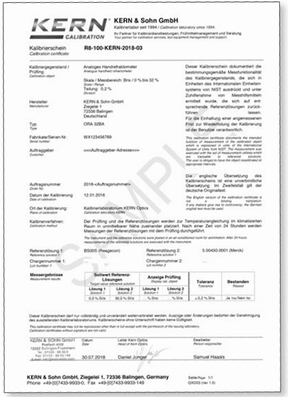Certificat d'usine d'étalonnage initial pour réfractomètres