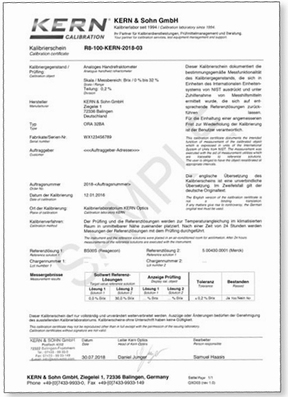 Initial factory calibration certificate for refractometers