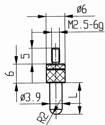 Tasterpunt 573/43 HL-20, M2,5-6g/26/6/ L=20 Ø3,9 radius 2 mm