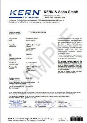 Certificat de calibrage usine pour t° pour dessicateur DAB, DBS, DLB