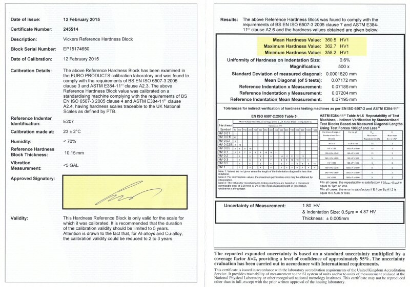 Bloc de référence acier 200 Hk0.001 avec certificat EPL(ISO)