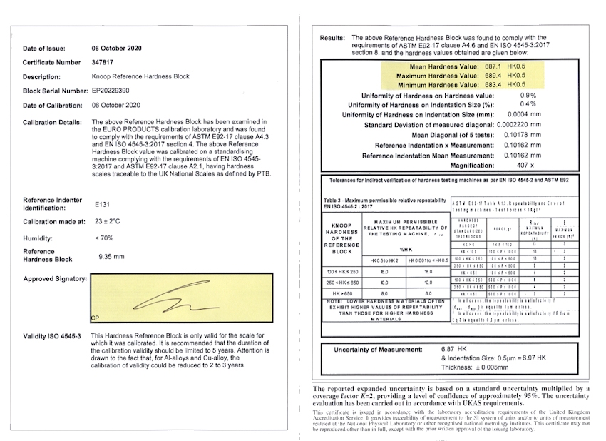 Bloc de référence acier 200 Hk1 avec certificat EPL (ISO)