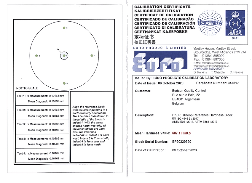 Bloc de référence acier 200 Hk1 avec certificat EPL (ISO)