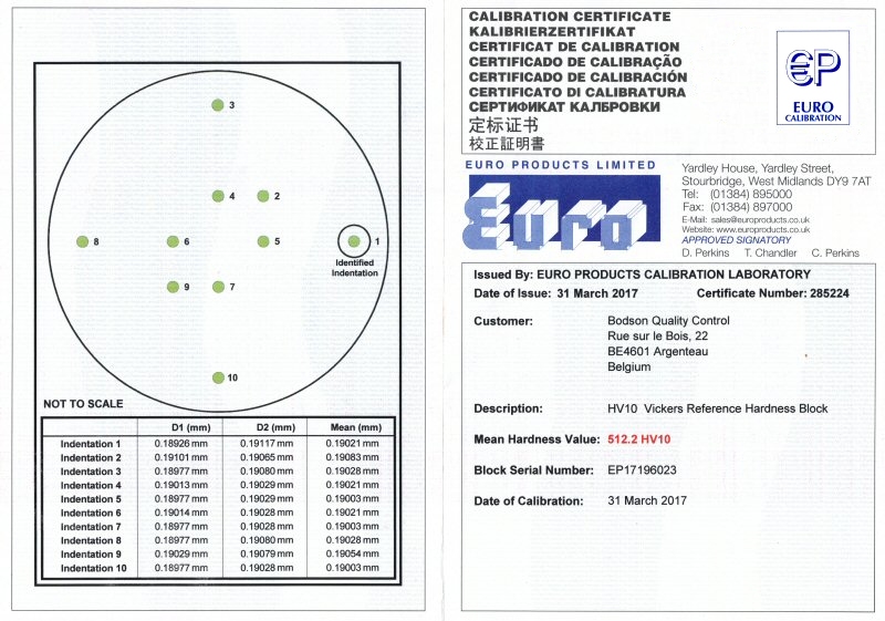 Bloc de référence acier 200 HV10 avec certificat EPL (ISO)