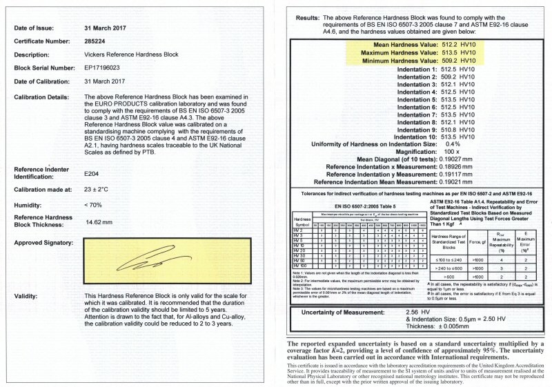 Reference bloc steel 200 HV10 with certification EPL (ISO)