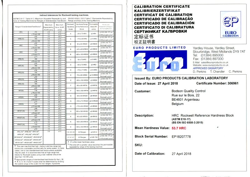 Ijkplaat staal 25 HRC met proefblad ISO