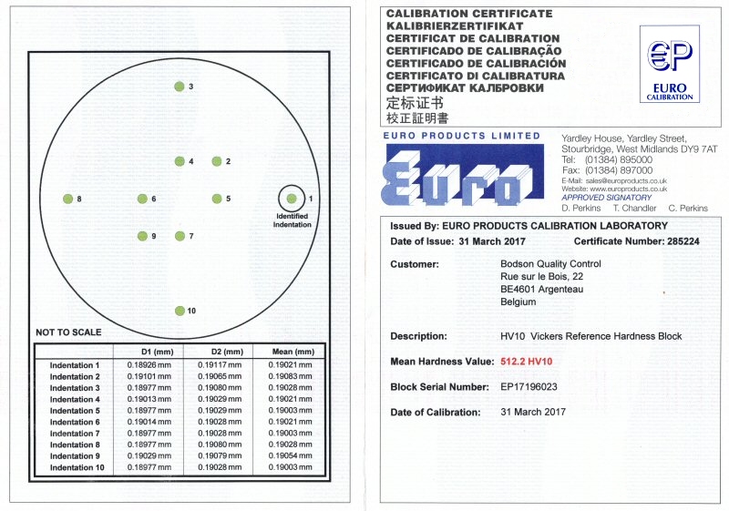 Bloc de référence acier 300 HV30 avec certificat EPL (ISO)