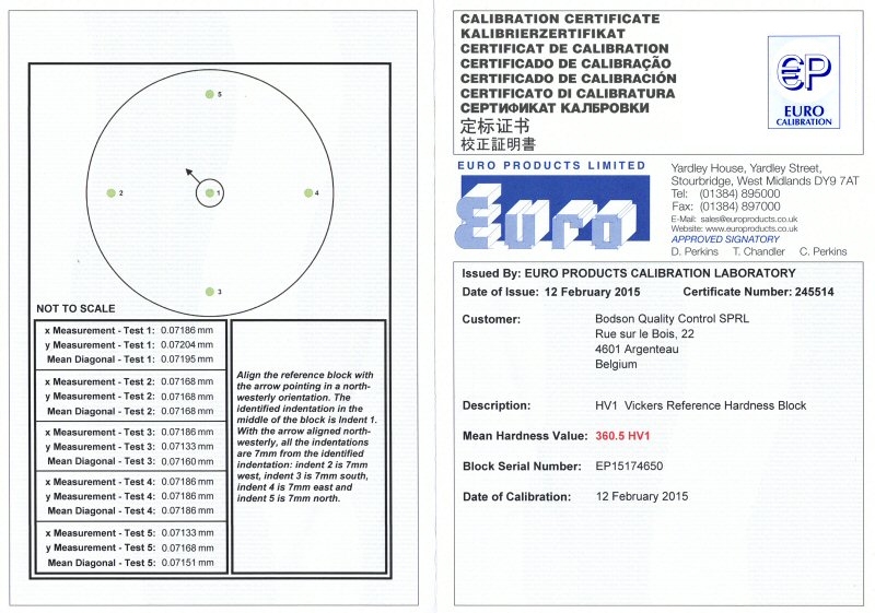 Ijkplaat staal 550 HV0.025 met proefblad EPL (ISO)