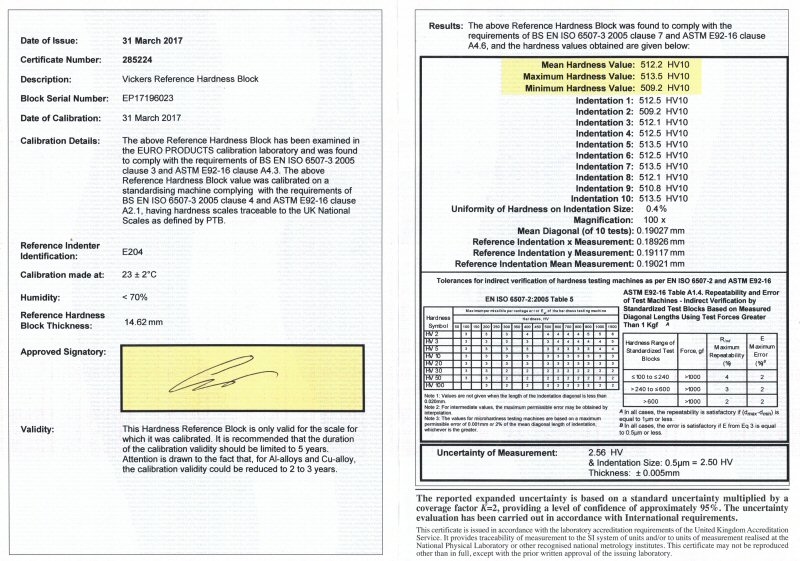 Bloc de référence acier 950 HV10 avec certificat EPL (ISO)