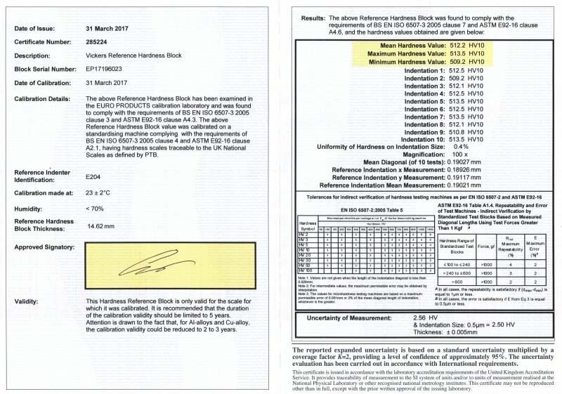 Bloc de référence carbure 1700 HV30 & certificat EPL (ISO)