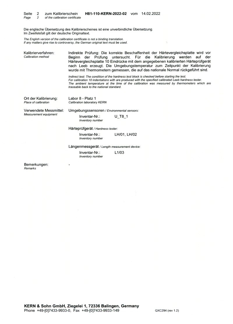 Factory calibration certificate 1 side for Leeb HL block