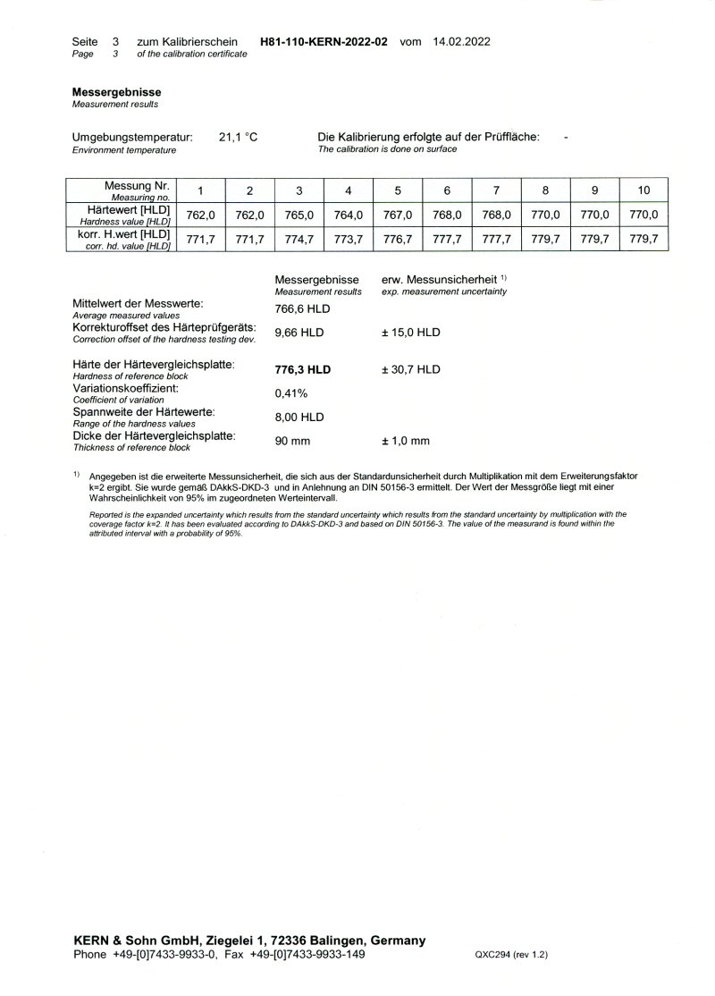 Factory calibration certificate 1 side for Leeb HL block