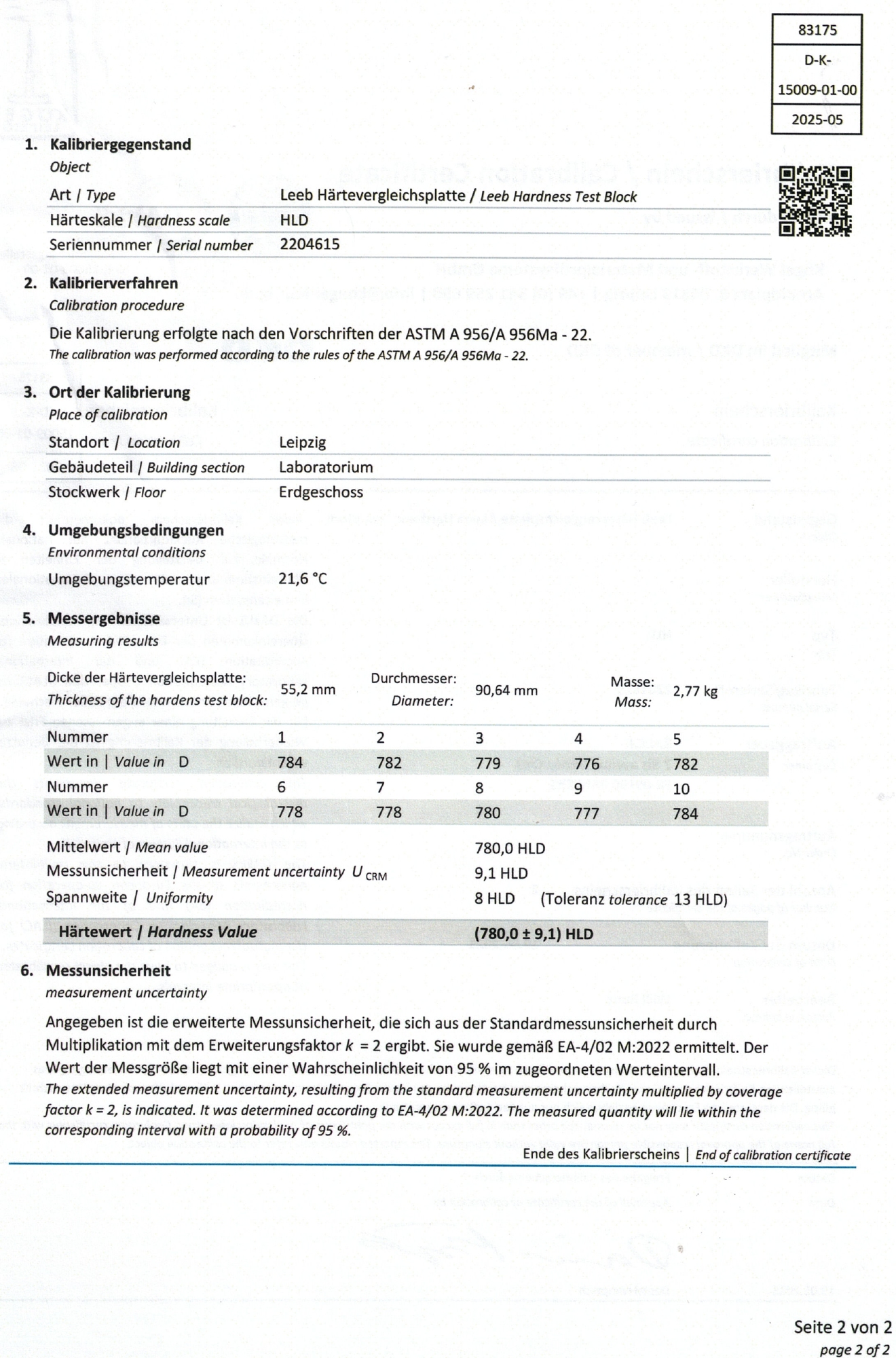 DAkkS calibration Leeb block HLD according to ASTM A956