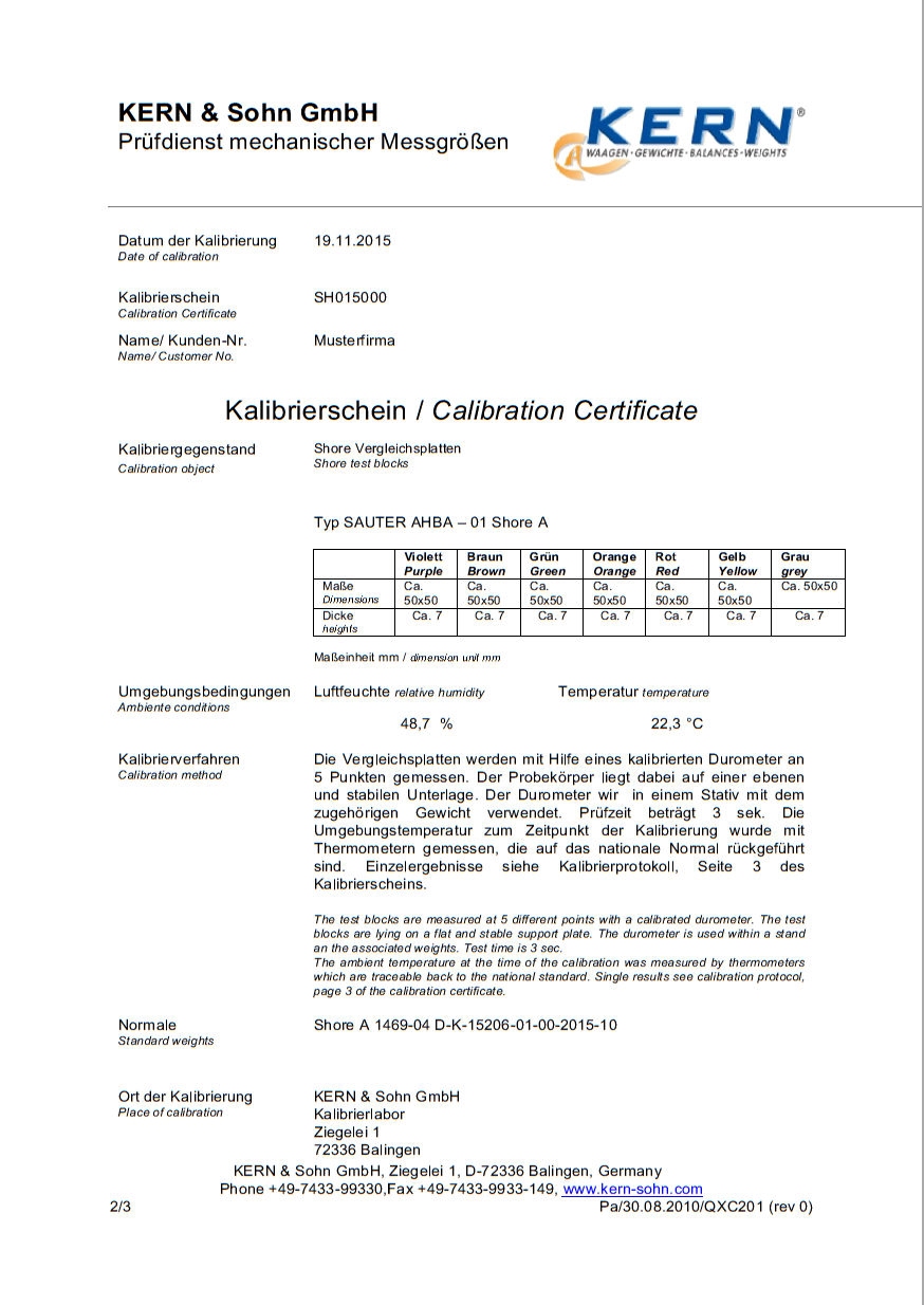 Certificat de calibrage ISO usine pour jeu de blocs SHORE, 3 sec