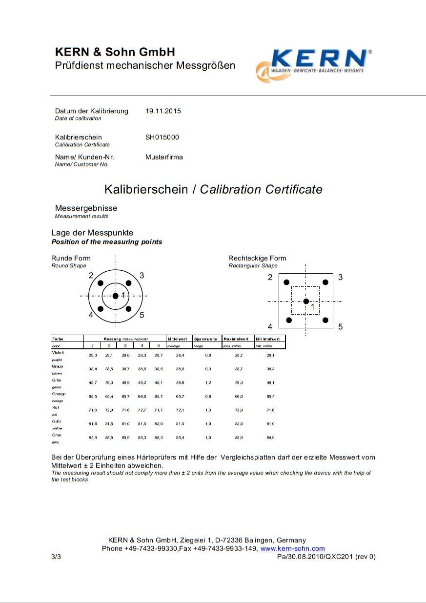 Certificat de calibrage ISO usine pour jeu de blocs SHORE, 3 sec