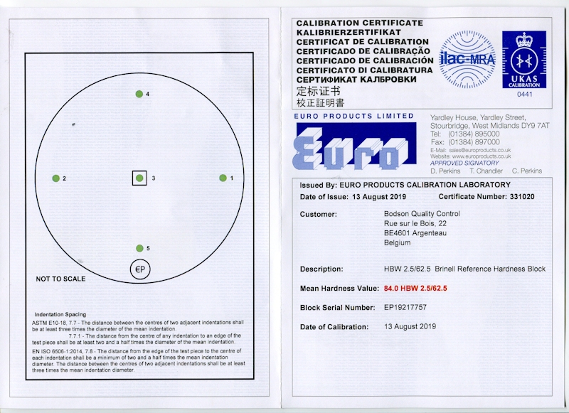 Certificat de calibrage UKAS - Brinell