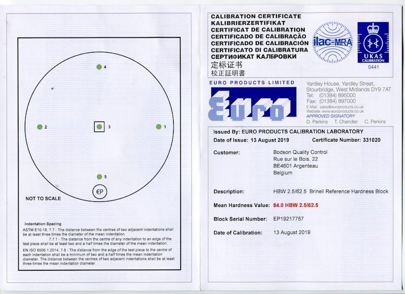 UKAS calibration certificate - Brinell