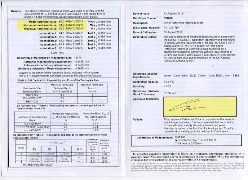 UKAS calibration certificate - Brinell