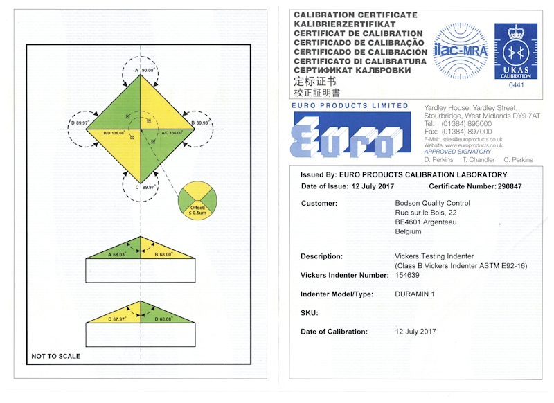 Certificat de calibrage UKAS - pénétrateur Knoop