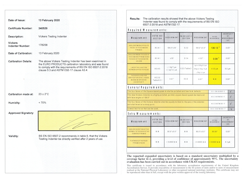 UKAS calibration certificate - Knoop Indenter