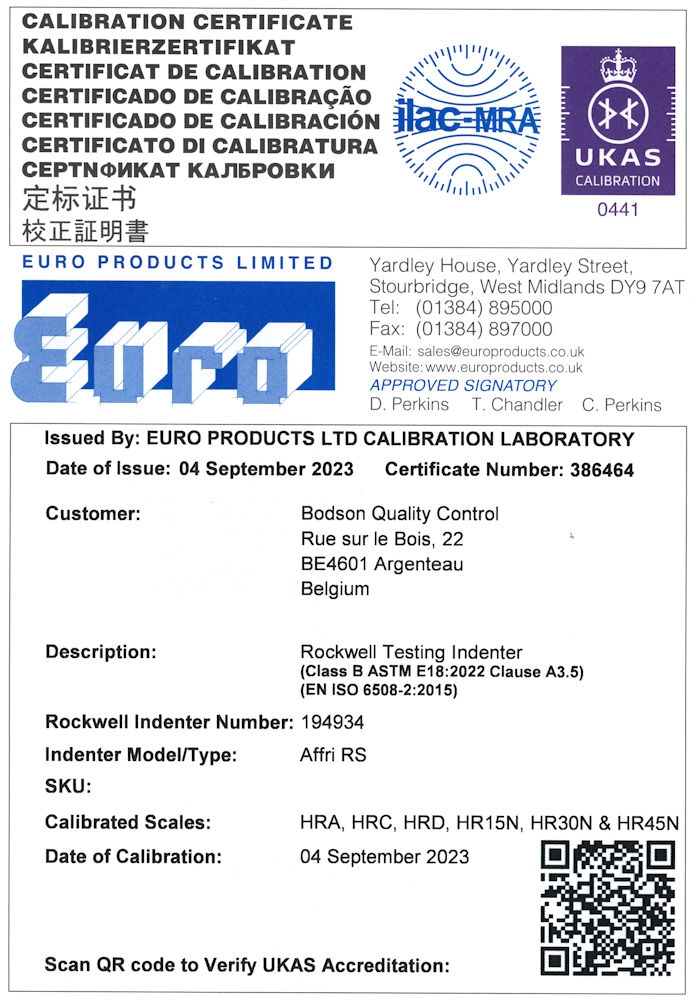 UKAS calibration certificate Rockwell Diamond Indenter