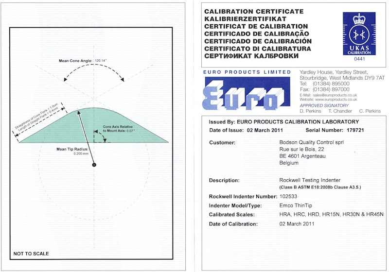 Certificat de calibrage UKAS - pénétrateur Rockwell diamant