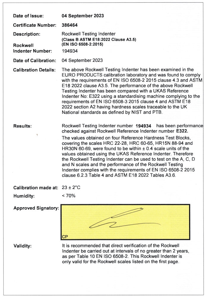 UKAS calibration certificate - Rockwell Diamond Indenter
