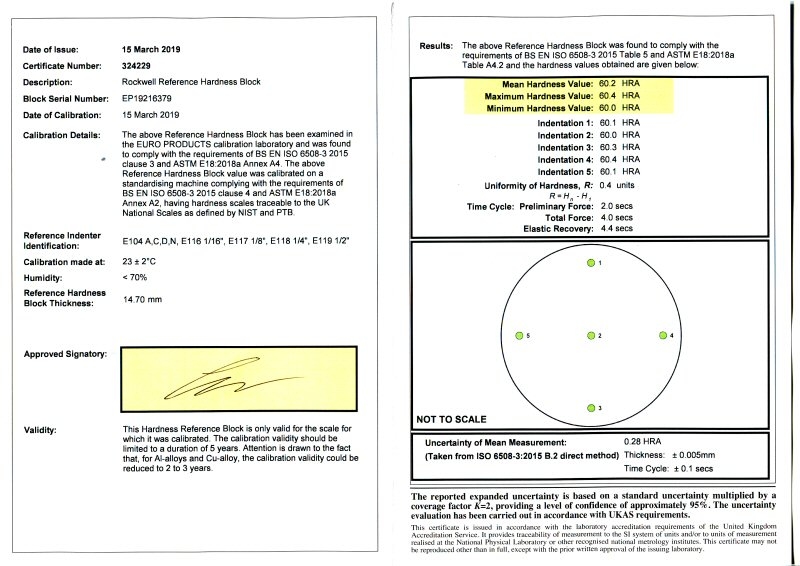 Certificat de calibrage UKAS - Rockwell
