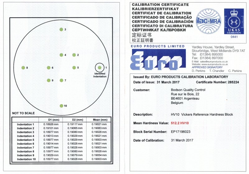 Certificat de calibrage UKAS HVx/HKx