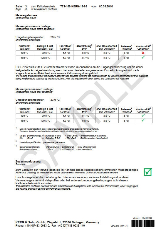 Factory calibration certificate t° for DAB, DBS, DLB AOx