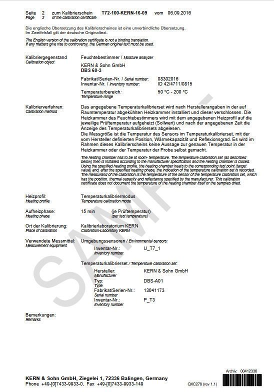 Certificat de calibrage usine pour t° pour dessicateur DAB, DBS, DLB