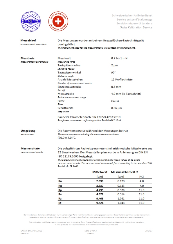 SCS certificate of first calibration for roughness standard