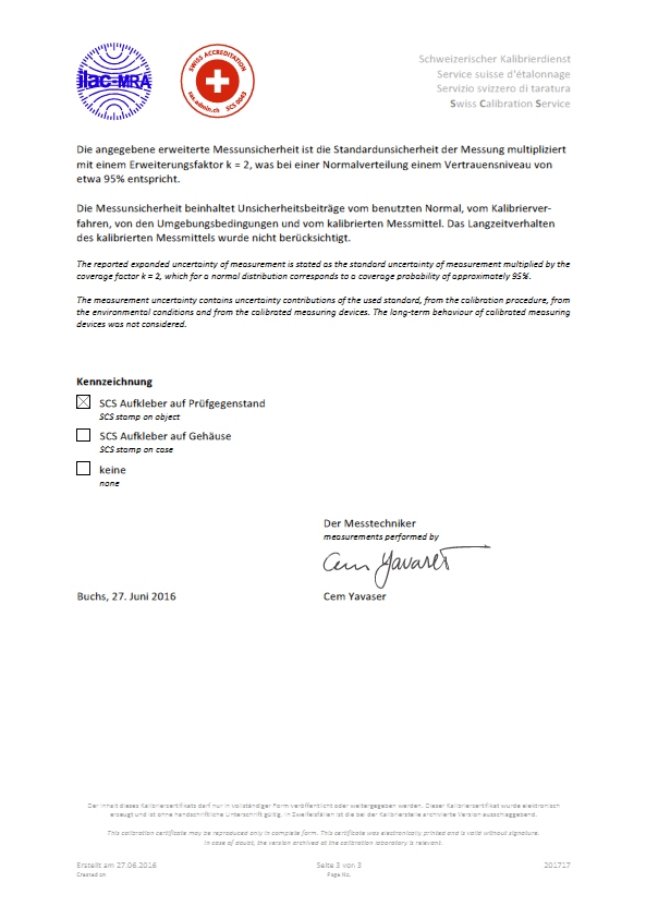 SCS certificate of first calibration for roughness standard