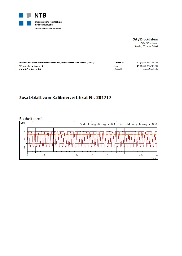 SCS certificate of first calibration for roughness standard