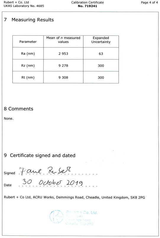 UKAS certificate of first calibration for 5xxE standard with Lc = 0.25