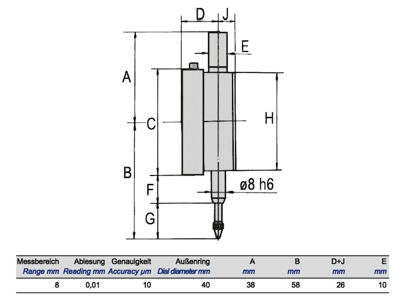 Digitale meetklok 8/0,01 mm, Ø40 mm