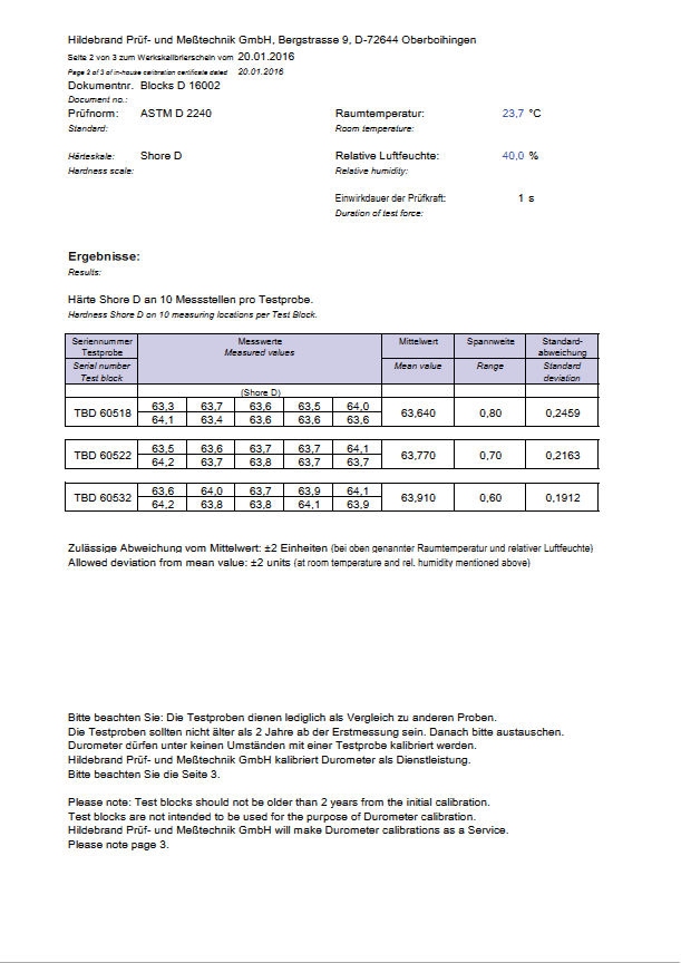 Set of 3 Shore D plates & certificate, ASTM D 2240, ISO 868