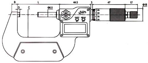 Micromètre d'extérieur digital, Ø6.5 mm, 2 mm, 0~25 mm