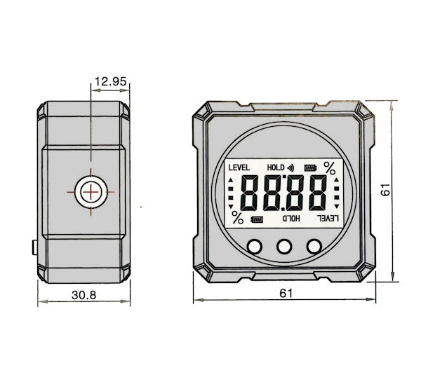 Digitale hellingsmeter 36x36 m mm, magnetic base 4x90°/0.1°