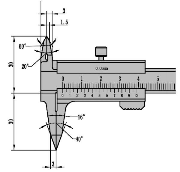 Small vernier caliper, 100 mm, 30/17 mm, 1/20, rec