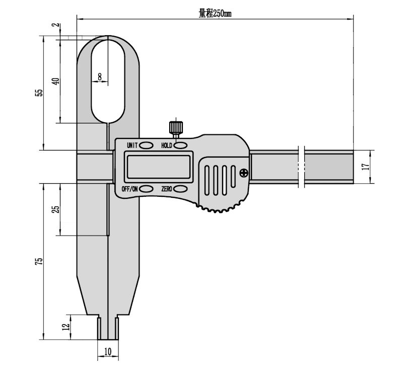 Pied à coulisse digi avec pointes de palpage plates, 250 mm