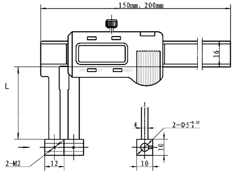 Digital universal caliper, 0~150 mm, 45 mm, 3V