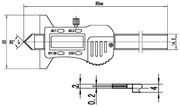 Pied de profondeur, digital, 12x50 mm, 0.01 mm, R90