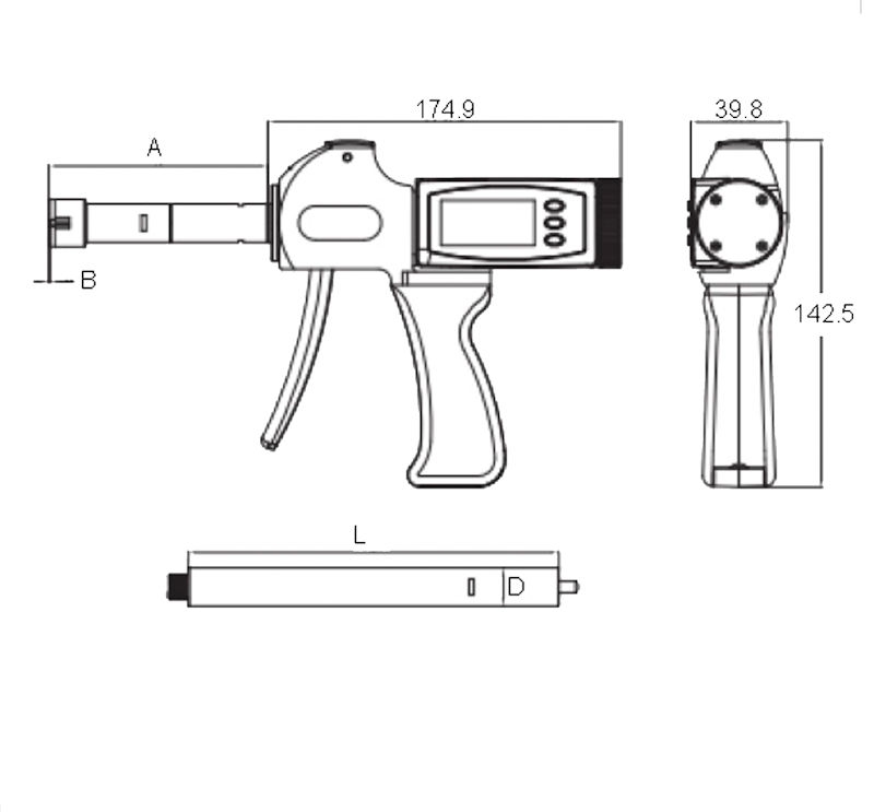 Digital pistol 3-point internal micrometer, 20~50/0.001 mm