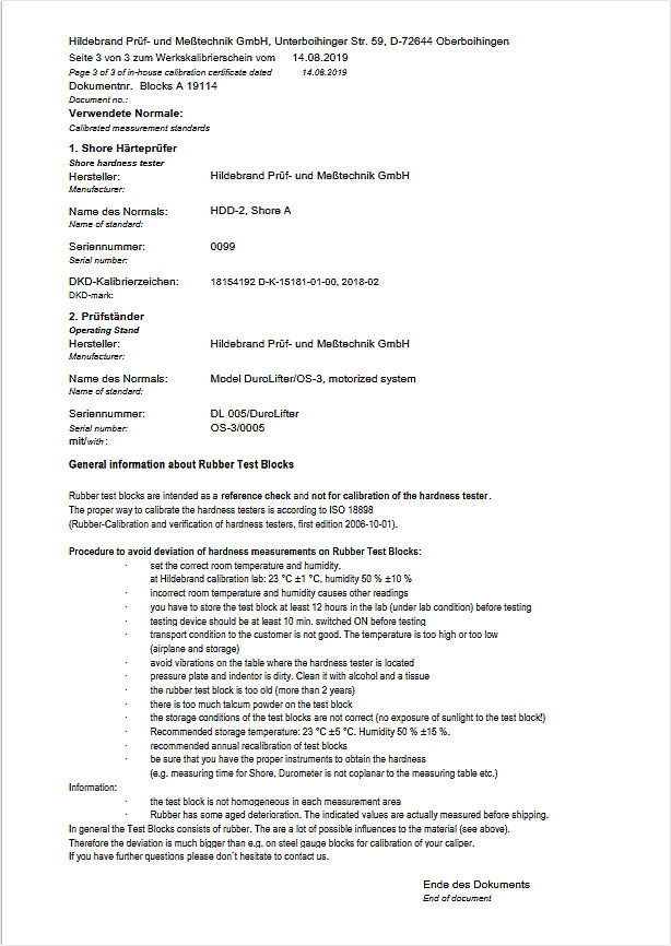 Calibration plate 40 HA for Shore A & certificate ISO 48-4